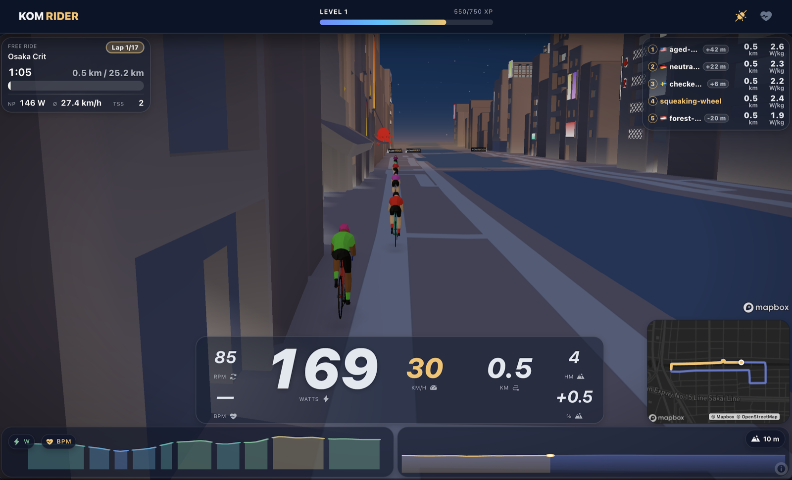 KOMRIDER Trainingssimulation einer realen Strecke mit Leistungs- und Steigungsdaten