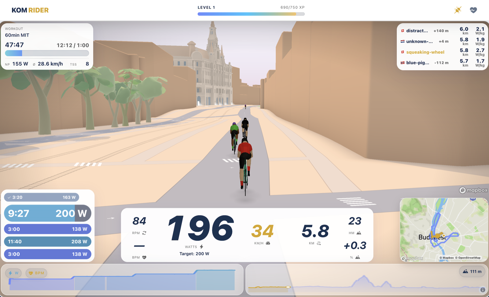 Workout con ruta: el recorrido 3D con objetivo de vatios y la lista de intervalos en el HUD